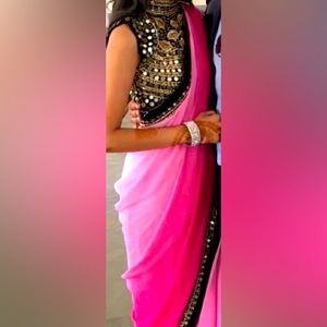 Indian ethnic wedding saree. Pink ombré black mirrorwork blouse